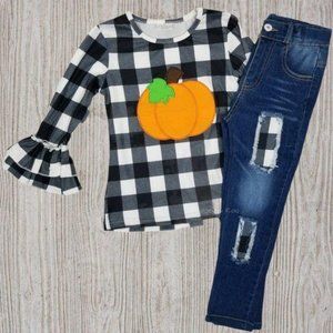 Checkered Pumpkin Bell Sleeve Distressed Jeans Set